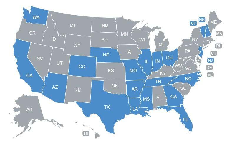 United States map with states highlighted in which ChanceLight operates